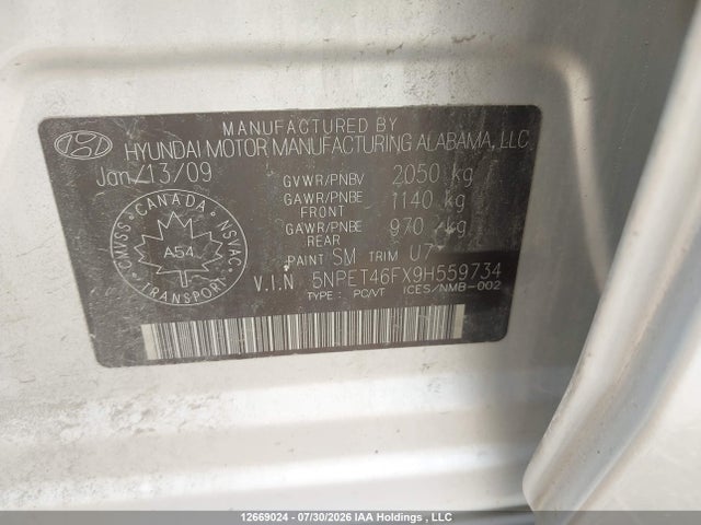 12669024 :رقم المزاد ، 5NPET46FX9H559734 vin ، 2009 Hyundai Sonata Gls مزاد بيع