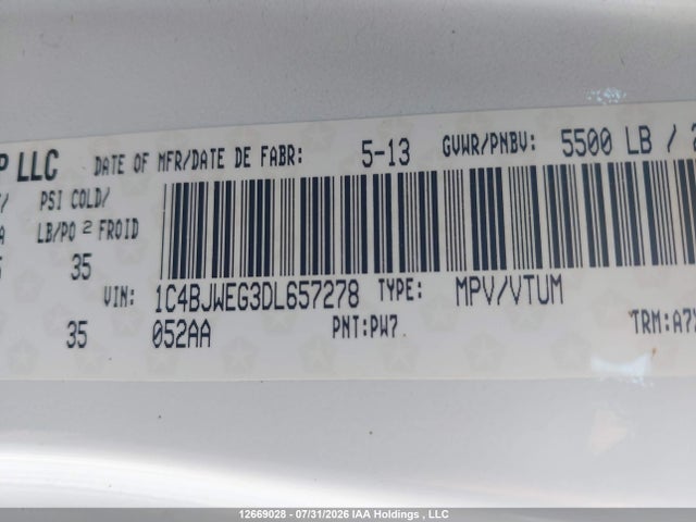 12669028 :رقم المزاد ، 1C4BJWEG3DL657278 vin ، 2013 Jeep Wrangler مزاد بيع