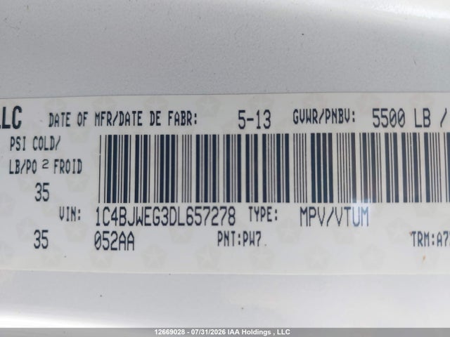 Продаж на аукціоні авто 2013 Jeep Wrangler, vin: 1C4BJWEG3DL657278, номер лоту: 12669028