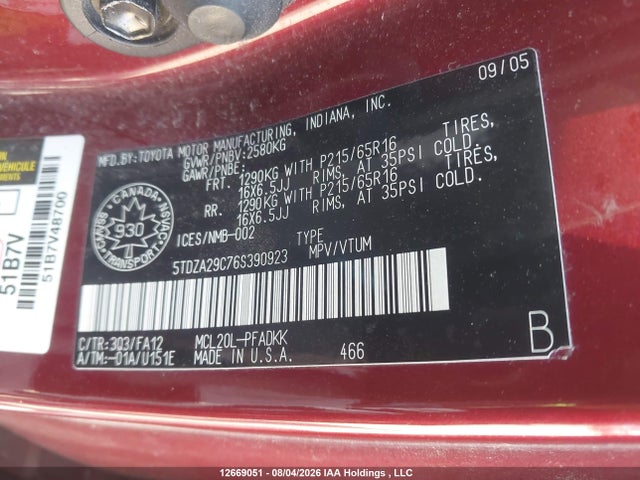 Продаж на аукціоні авто 2006 Toyota Sienna, vin: 5TDZA29C76S390923, номер лоту: 12669051