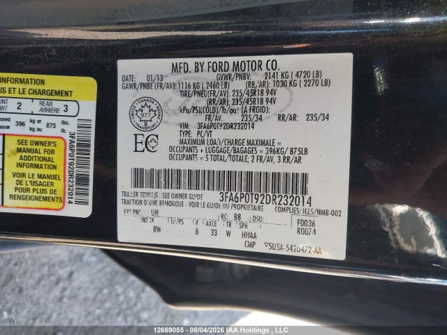 Продажа на аукционе авто 2013 Ford Fusion Se, vin: 3FA6P0T92DR232014, номер лота: 12669055