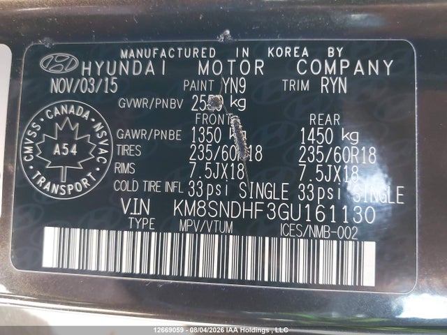 KM8SNDHF3GU161130 Hyundai Santa Fe Xl Luxury Adventure Edition