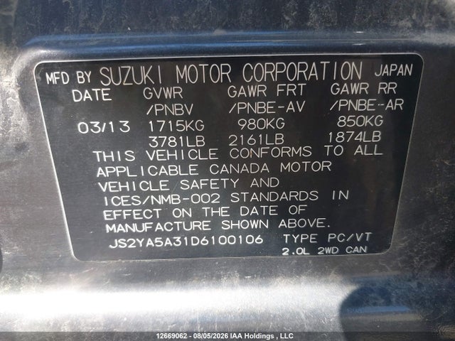 2013 Suzuki Sx4 Ja/jx მანქანა იყიდება აუქციონზე, vin: JS2YA5A31D6100106, აუქციონის ნომერი: 12669062