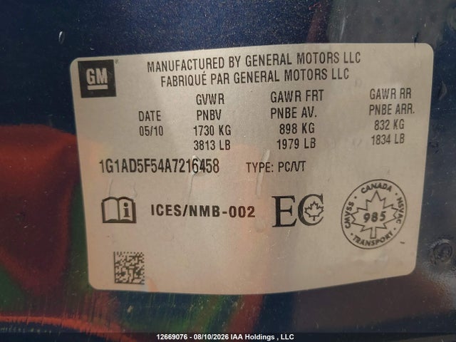 Aukcja sprzedaży 2010 Chevrolet Cobalt Lt W/1sa, vin: 1G1AD5F54A7216458, numer aukcji: 12669076