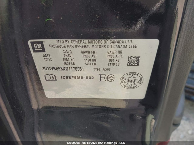 Aukcja sprzedaży 2013 Chevrolet Impala Lt, vin: 2G1WB5E3XD1170051, numer aukcji: 12669098