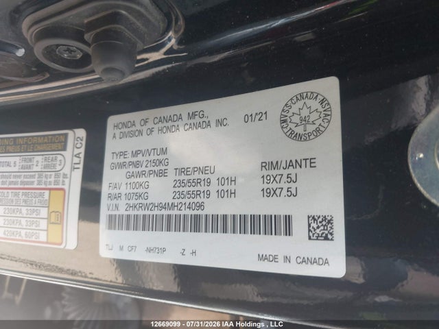 2HKRW2H94MH214096 Honda Cr-v Black Edition/touring