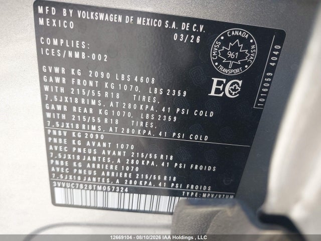 Aukcja sprzedaży 2026 Volkswagen Taos Se, vin: 3VVUC7B28TM057324, numer aukcji: 12669104