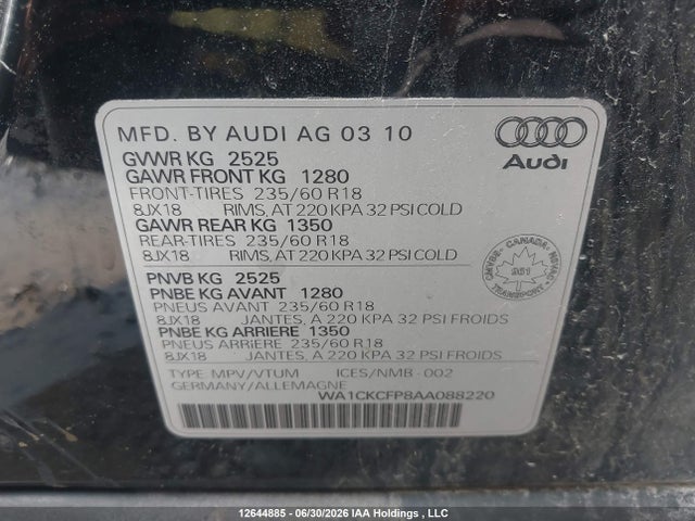Продаж на аукціоні авто 2010 Audi Q5 Premium, vin: WA1CKCFP8AA088220, номер лоту: 12644885