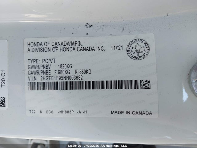 Honda Civic Touring 2022 2HGFE1F95NH003682 Image 18