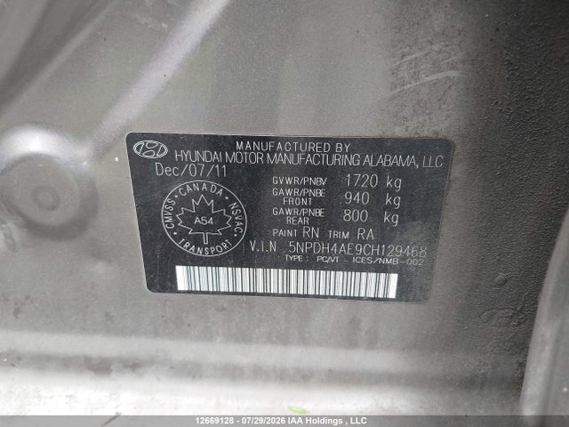 Продаж на аукціоні авто 2012 Hyundai Elantra, vin: 5NPDH4AE9CH129468, номер лоту: 12669128
