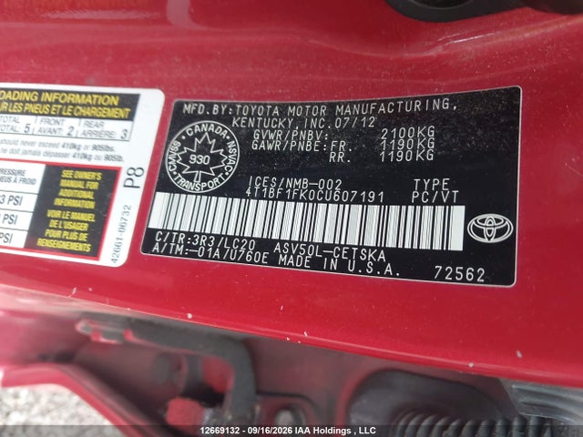 Aukcja sprzedaży 2012 Toyota Camry Se, vin: 4T1BF1FK0CU607191, numer aukcji: 12669132