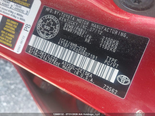 Aukcja sprzedaży 2012 Toyota Camry Se, vin: 4T1BF1FK0CU607191, numer aukcji: 12669132
