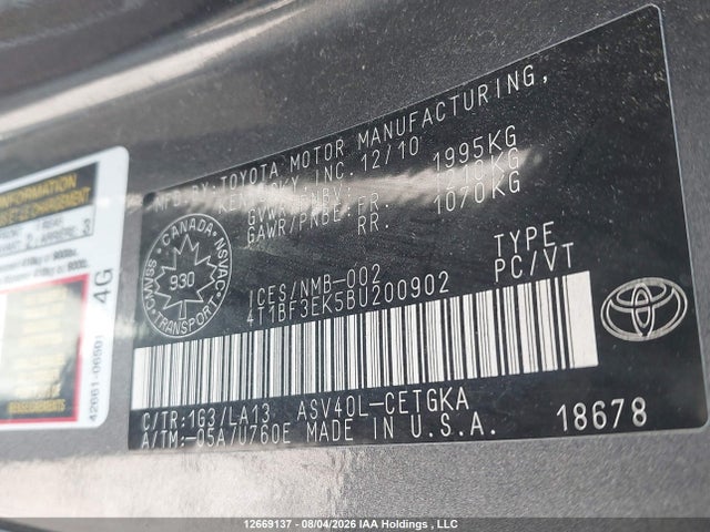 2011 Toyota Camry მანქანა იყიდება აუქციონზე, vin: 4T1BF3EK5BU200902, აუქციონის ნომერი: 12669137