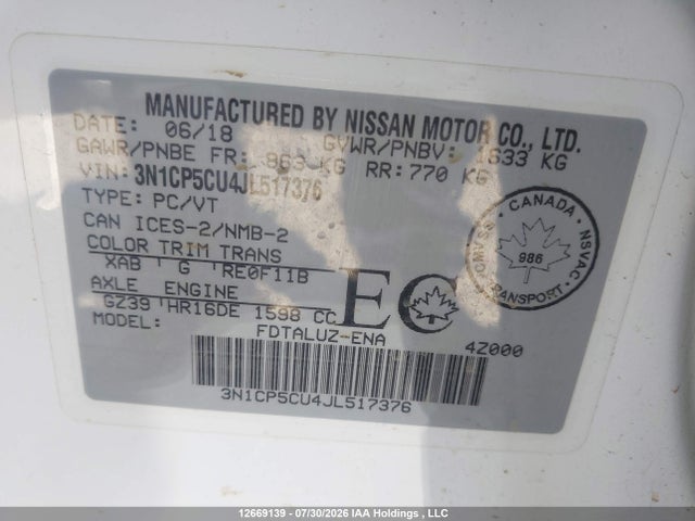 3N1CP5CU4JL517376 Nissan Kicks S/sr/sv