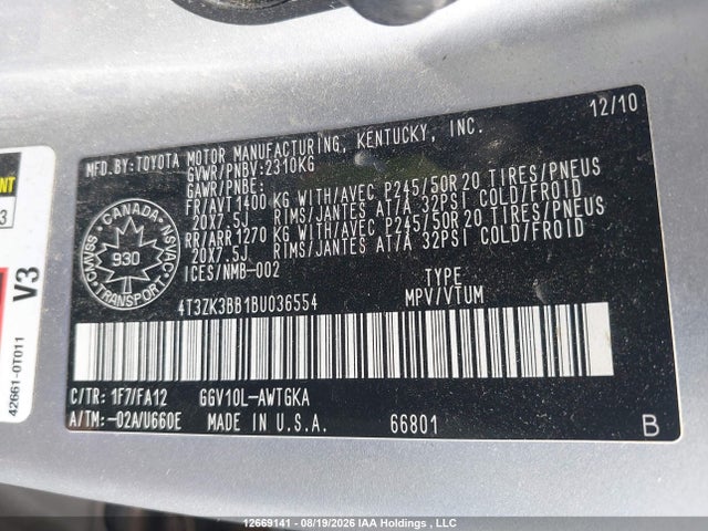 2011 Toyota Venza Base V6 მანქანა იყიდება აუქციონზე, vin: 4T3ZK3BB1BU036554, აუქციონის ნომერი: 12669141