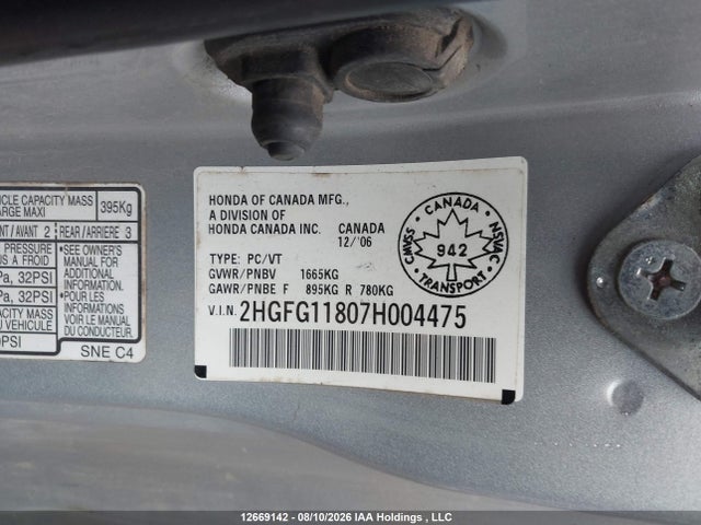 Продаж на аукціоні авто 2007 Honda Civic, vin: 2HGFG11807H004475, номер лоту: 12669142