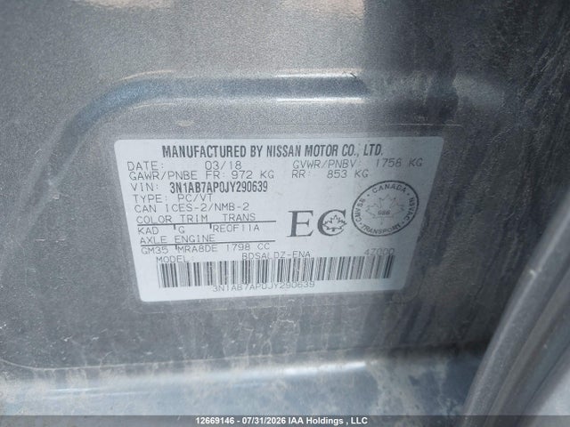 12669146 :رقم المزاد ، 3N1AB7AP0JY290639 vin ، 2018 Nissan Sentra S/sv/sr/sl مزاد بيع