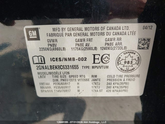 Продажа на аукционе авто 2012 Chevrolet Equinox Ls, vin: 2GNALBEK8C6331655, номер лота: 12669159