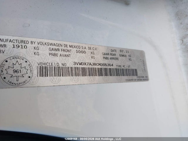 12669168 :رقم المزاد ، 3VWDX7AJ8CM305354 vin ، 2012 Volkswagen Jetta 2.5l Comfortline/2.5l Sportline مزاد بيع