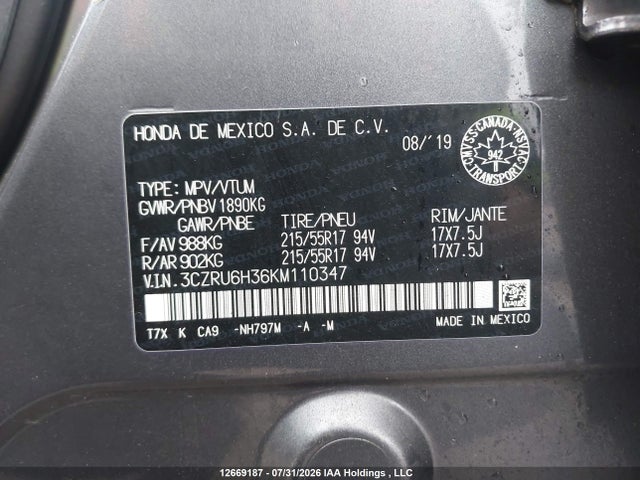 Aukcja sprzedaży 2019 Honda Hr-v, vin: 3CZRU6H36KM110347, numer aukcji: 12669187