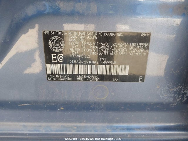 12669191 :رقم المزاد ، 2T3BF4DV2BW147648 vin ، 2011 Toyota Rav4 مزاد بيع