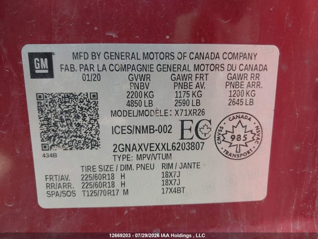 2GNAXVEXXL6203807 Chevrolet EQUINOX LT