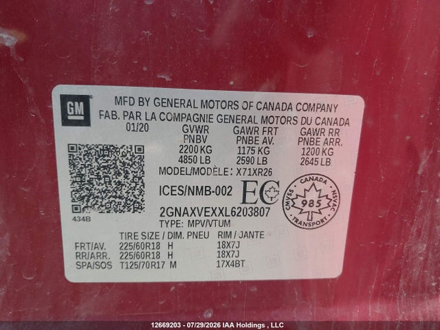 2GNAXVEXXL6203807 Chevrolet EQUINOX LT