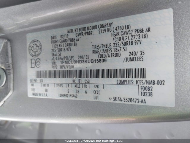 Ford ESCAPE SEL 2019 1FMCU9HD3KUB15809 Image 9