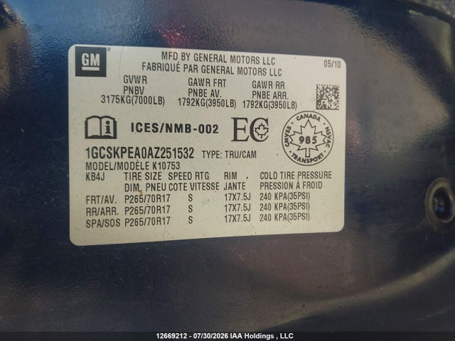 Продаж на аукціоні авто 2010 Chevrolet Silverado K1500, vin: 1GCSKPEA0AZ251532, номер лоту: 12669212