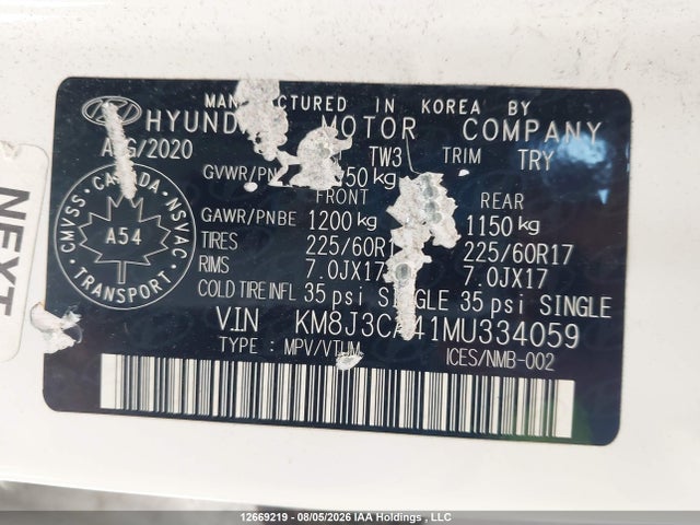 Продажа на аукционе авто 2021 Hyundai Tucson Preferred Awd, vin: KM8J3CA41MU334059, номер лота: 12669219