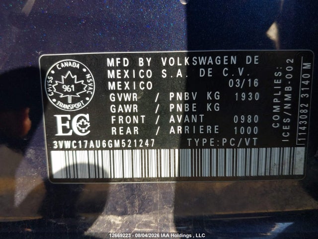 Продаж на аукціоні авто 2016 Volkswagen Golf Sportwagon, vin: 3VWC17AU6GM521247, номер лоту: 12669223