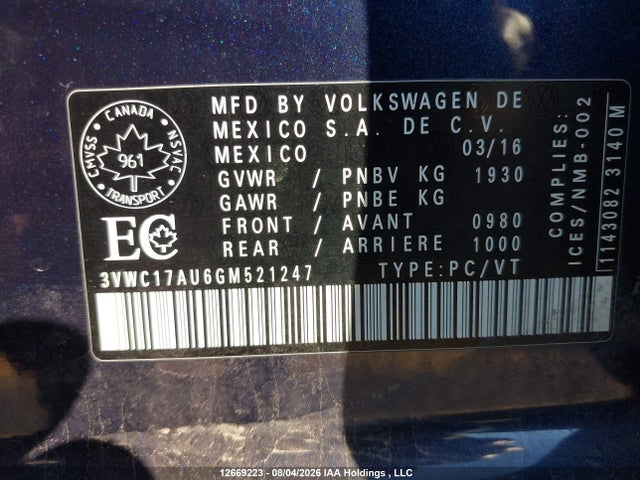 Продаж на аукціоні авто 2016 Volkswagen Golf Sportwagon, vin: 3VWC17AU6GM521247, номер лоту: 12669223