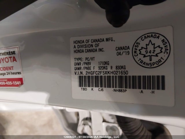 Aukcja sprzedaży 2019 Honda Civic, vin: 2HGFC2F5XKH021650, numer aukcji: 12669227