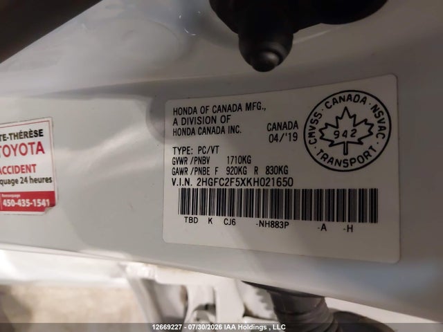 Aukcja sprzedaży 2019 Honda Civic, vin: 2HGFC2F5XKH021650, numer aukcji: 12669227