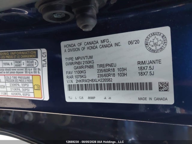 Продаж на аукціоні авто 2020 Honda Cr-v Exl, vin: 2HKRW2H8XLH226582, номер лоту: 12669230