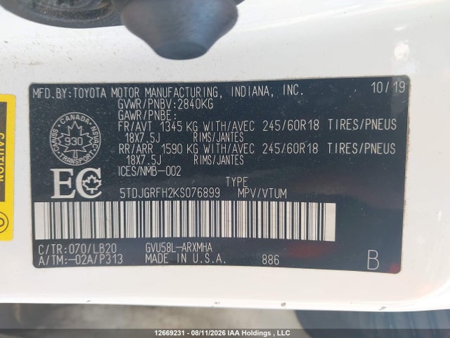5TDJGRFH2KS076899 Toyota Highlander Hybrid Hybrid