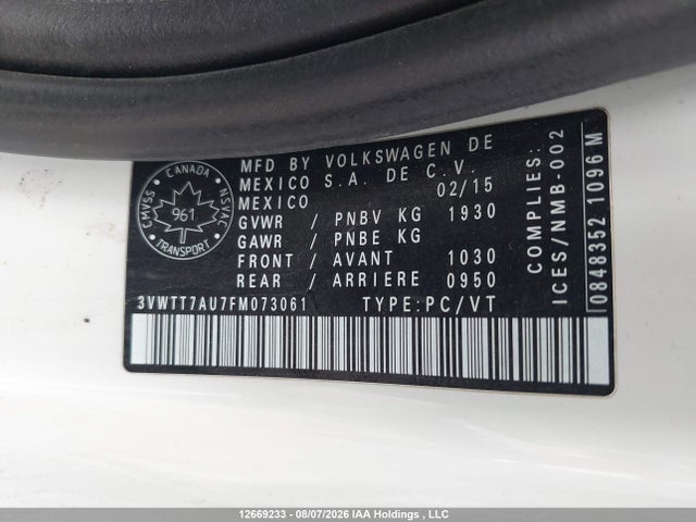 Продажа на аукционе авто 2015 Volkswagen Gti, vin: 3VWTT7AU7FM073061, номер лота: 12669233