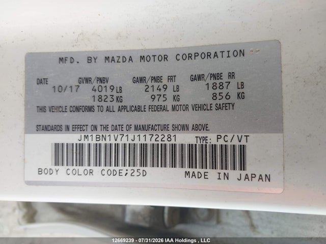 Продаж на аукціоні авто 2018 Mazda 3, vin: JM1BN1V71J1172281, номер лоту: 12669239
