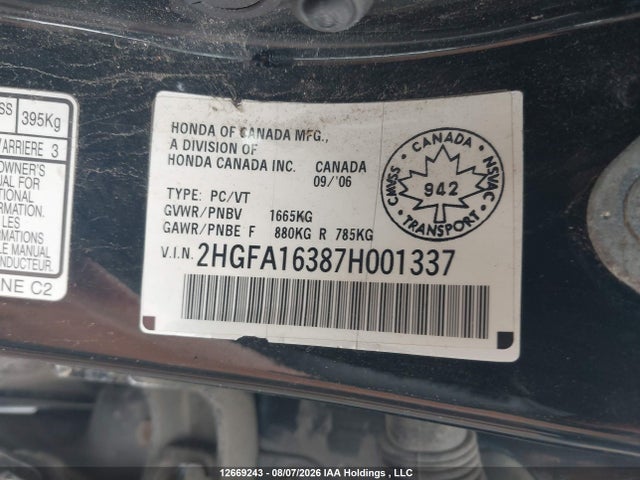 2007 Honda Civic Dx-g მანქანა იყიდება აუქციონზე, vin: 2HGFA16387H001337, აუქციონის ნომერი: 12669243
