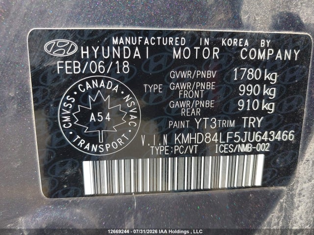 12669244 :رقم المزاد ، KMHD84LF5JU643466 vin ، 2018 Hyundai Elantra مزاد بيع