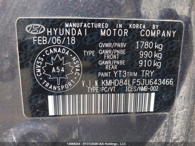 12669244 :رقم المزاد ، KMHD84LF5JU643466 vin ، 2018 Hyundai Elantra مزاد بيع