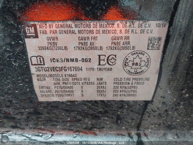 3GTU2VEC3FG167694 GMC Sierra K1500 Slt