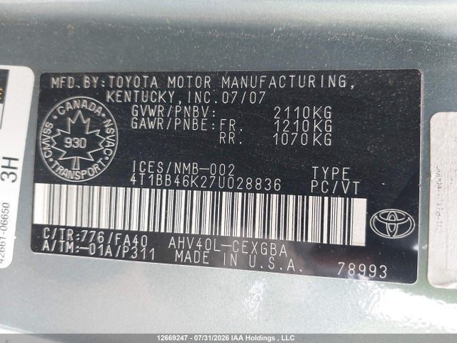 Продажа на аукционе авто 2007 Toyota Camry Hybrid, vin: 4T1BB46K27U028836, номер лота: 12669247