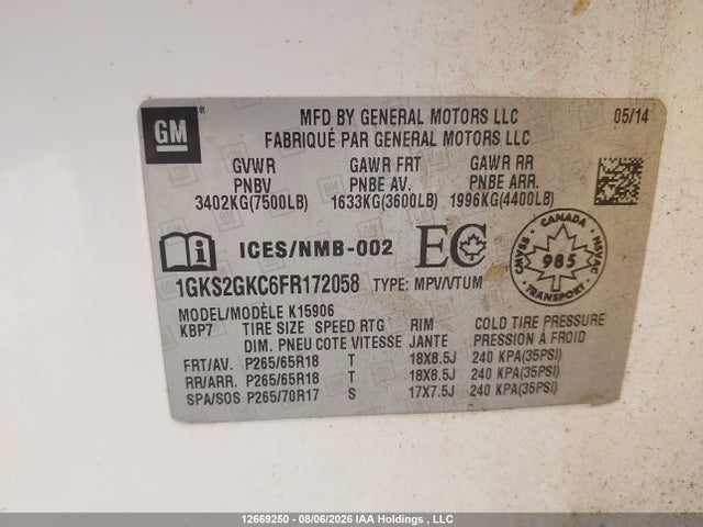 12669250 :رقم المزاد ، 1GKS2GKC6FR172058 vin ، 2015 Gmc Yukon Xl K1500 Sle مزاد بيع