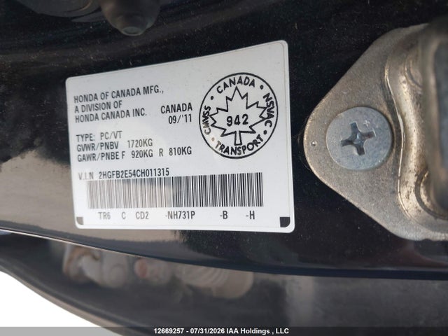 2012 Honda Civic მანქანა იყიდება აუქციონზე, vin: 2HGFB2E54CH011315, აუქციონის ნომერი: 12669257
