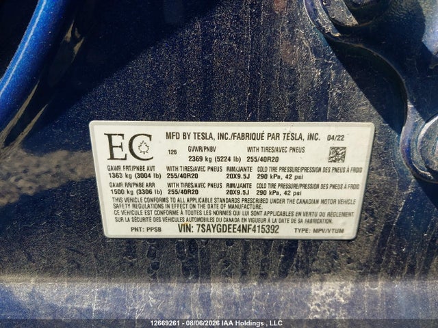 Tesla Model Y 2022 7SAYGDEE4NF415392 Image 9