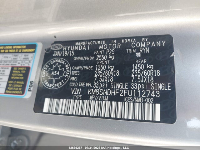 2015 Hyundai Santa Fe Gls/limited მანქანა იყიდება აუქციონზე, vin: KM8SNDHF2FU112743, აუქციონის ნომერი: 12669267