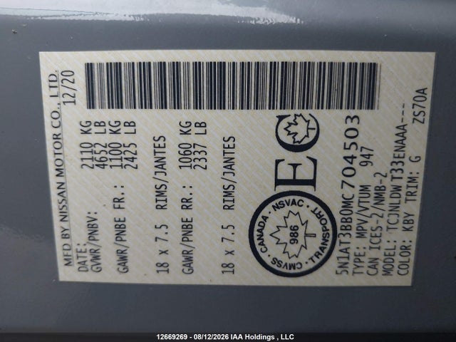 12669269 :رقم المزاد ، 5N1AT3BB0MC704503 vin ، 2021 Nissan Rogue Sv مزاد بيع