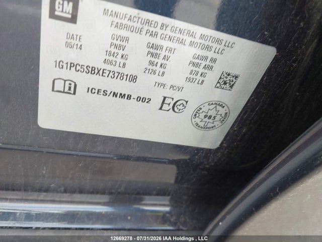 2014 Chevrolet Cruze 1lt მანქანა იყიდება აუქციონზე, vin: 1G1PC5SBXE7378108, აუქციონის ნომერი: 12669278