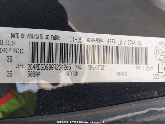 12669279 :رقم المزاد ، 2C4RDGDG8GR234205 vin ، 2016 Dodge Grand Caravan Crew مزاد بيع